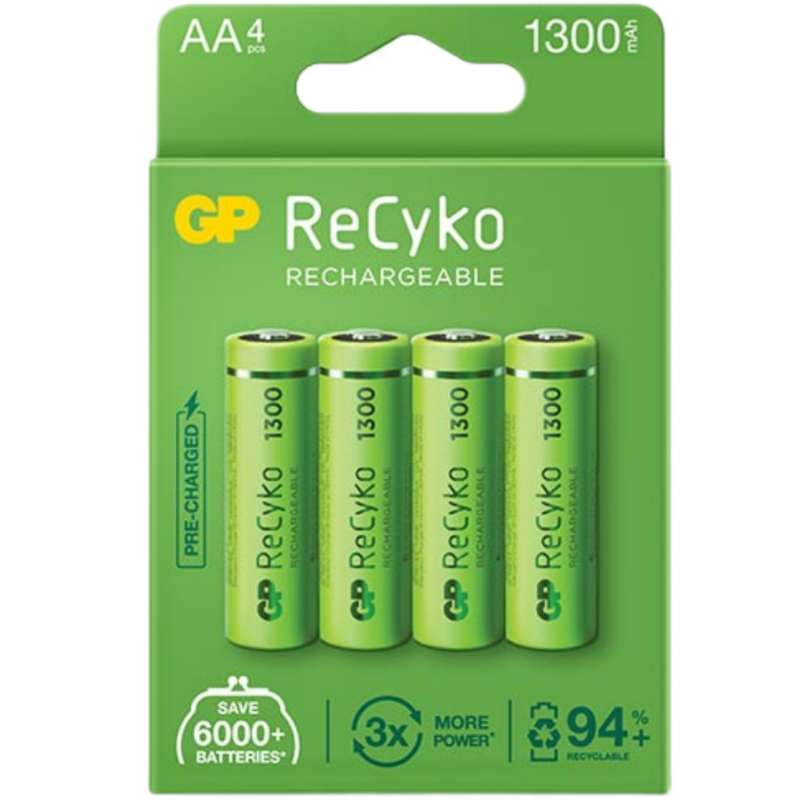 باتری قلمی قابل شارژ جی پی مدل Rechargeable Recyko 1300 بسته چهار عددی