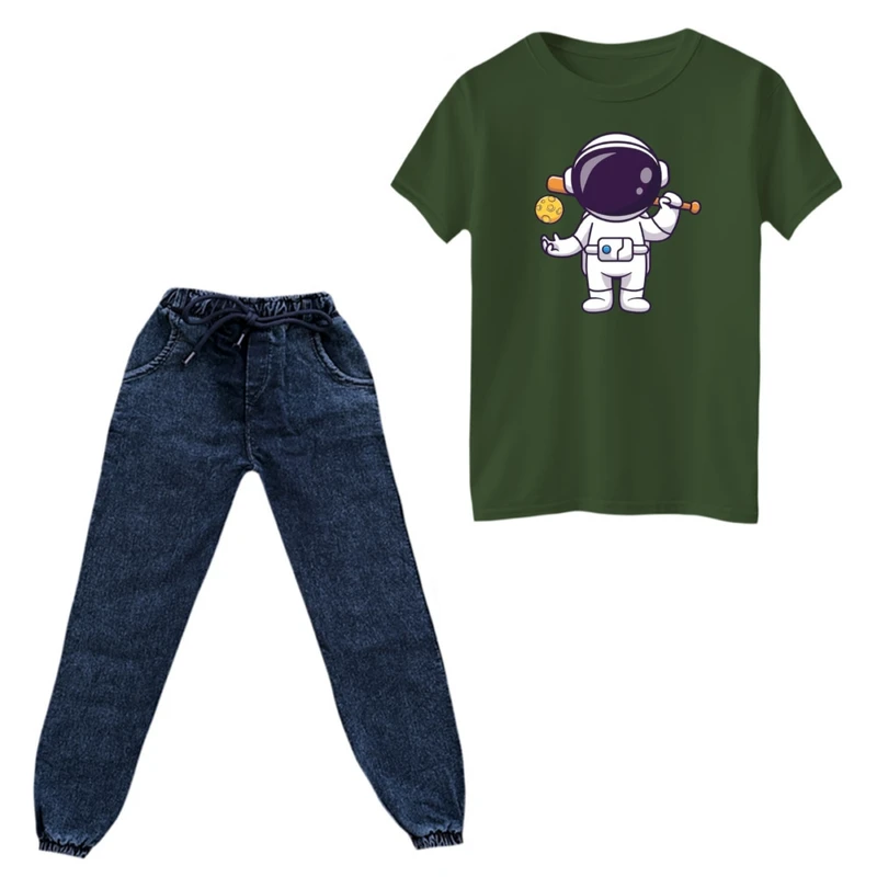 ست تی‌شرت و شلوار پسرانه مدل فضانورد کد ۳ رنگ یشمی