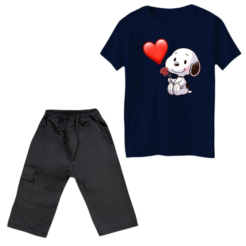 ست تی‌شرت آستین کوتاه و شلوارک دخترانه مدل اسنوپی و قلب