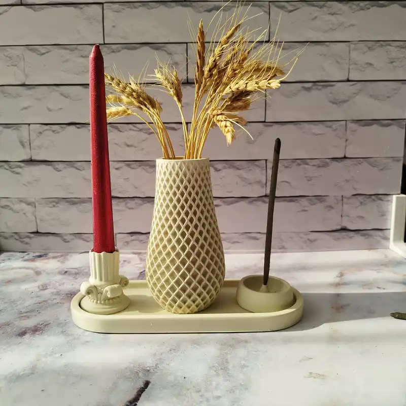 ست گلدان و جاشمعی و جاعودی بتنی مدل موسیو به همراه سینی