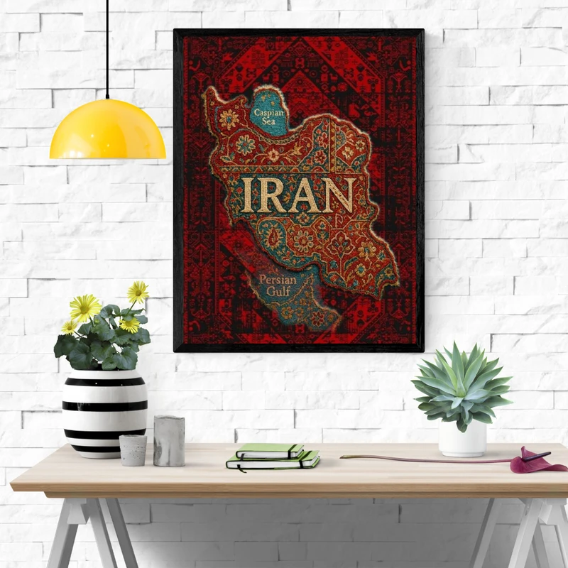 تابلو نوری طرح نقشه  ایران کد m15 مدل فرش ایرانی  فریم مشکی