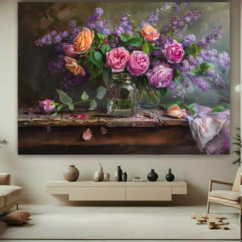 پوستر پارچه ای طرح مخمل  نقاشی گلدان مدل گل رنگارنگ کد FP106727