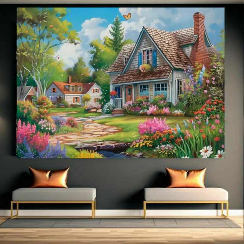 تابلو بوم طرح نقاشی خانه ها در میان دشت گل کد FP104887