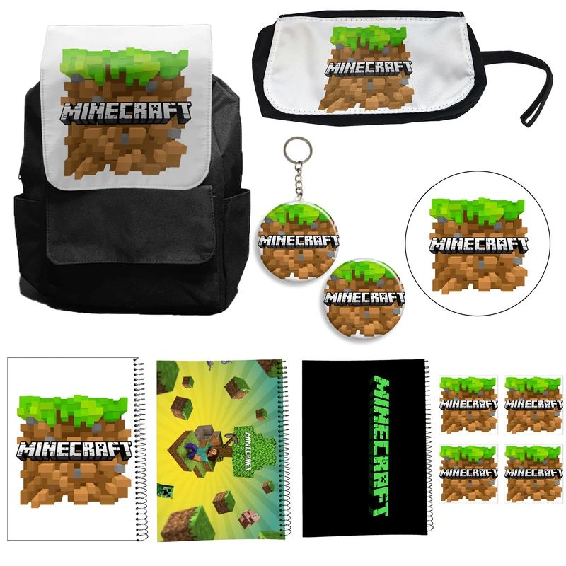 کوله پشتی طرح ماینکرافت کد Minecraft A8 به همراه دفتر مشق و جامدادی و زیر لیوانی و جاکلیدی مجموعه 12 عددی