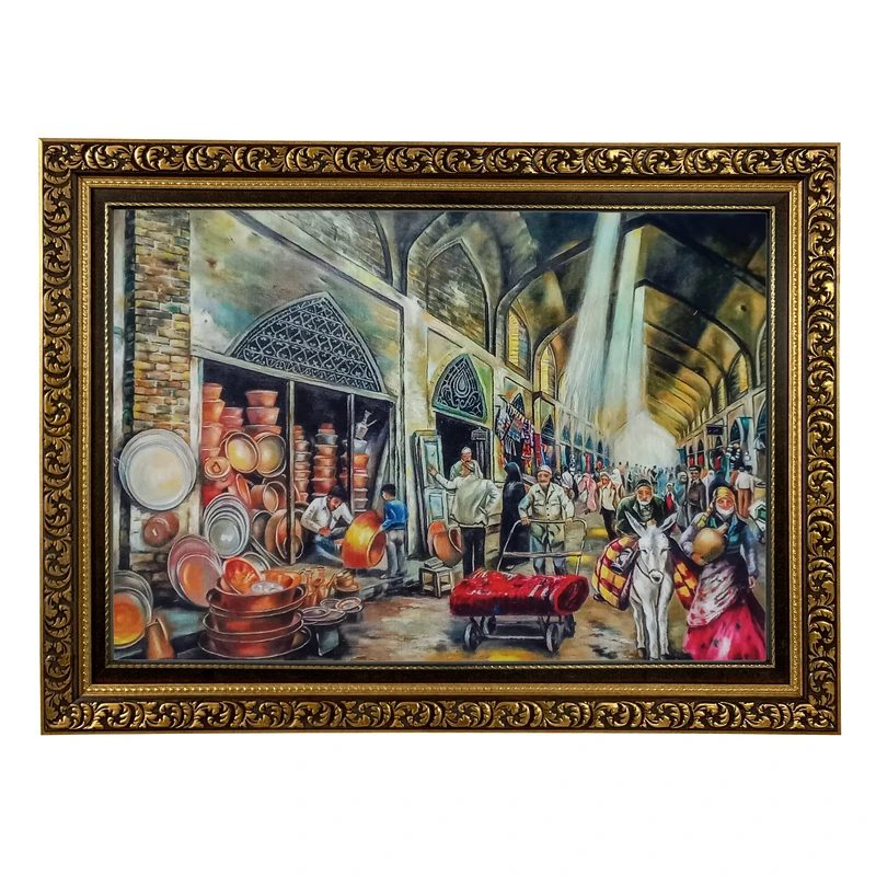 تابلو فرش ماشینی طرح دستبافت مدل بازار مسگران کد 8029