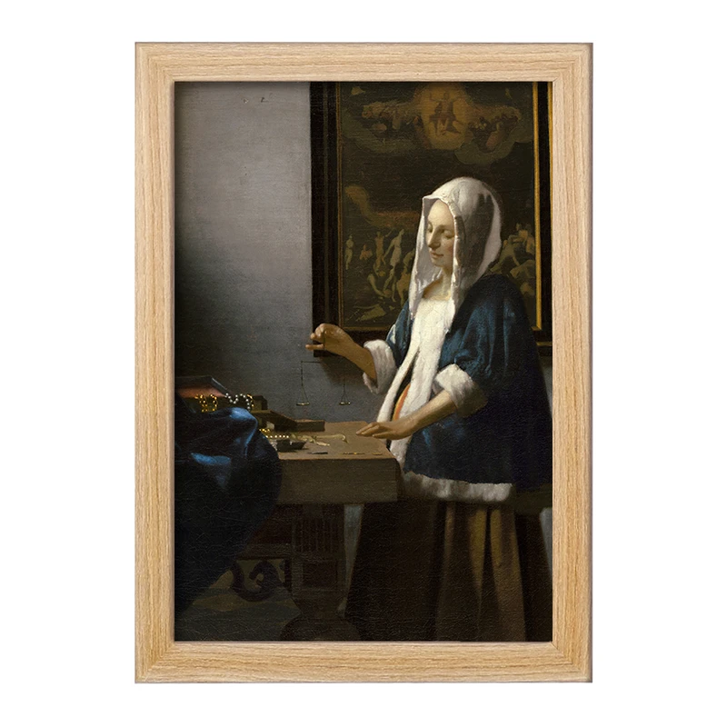 تابلو خندالو مدل نقاشی زن با ترازویی در دست اثر یوهانس فرمیر کد F12429