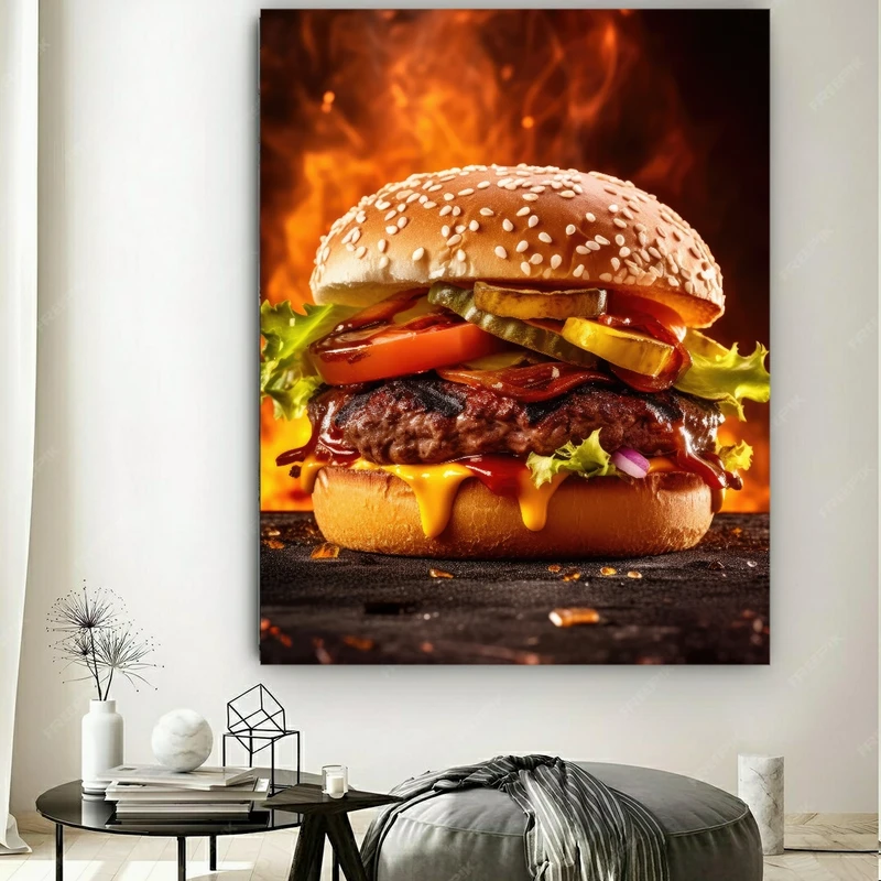 تابلو بوم طرح مخمل برگر گریل مدل آتشین کد GR1337