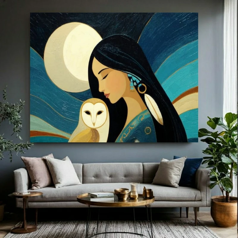 پوستر پارچه ای طرح مخمل زن و جغد مدل ماه کامل کد BK25032