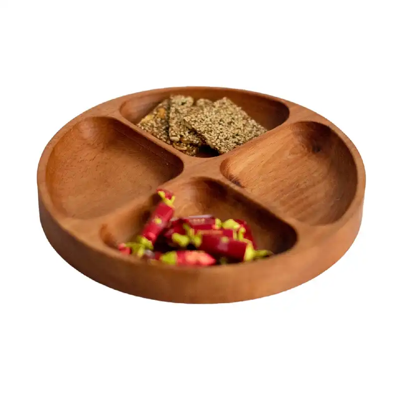 ظرف سرو چوبی گردوچ مدل گرد چهار خانه کد LT - 6066