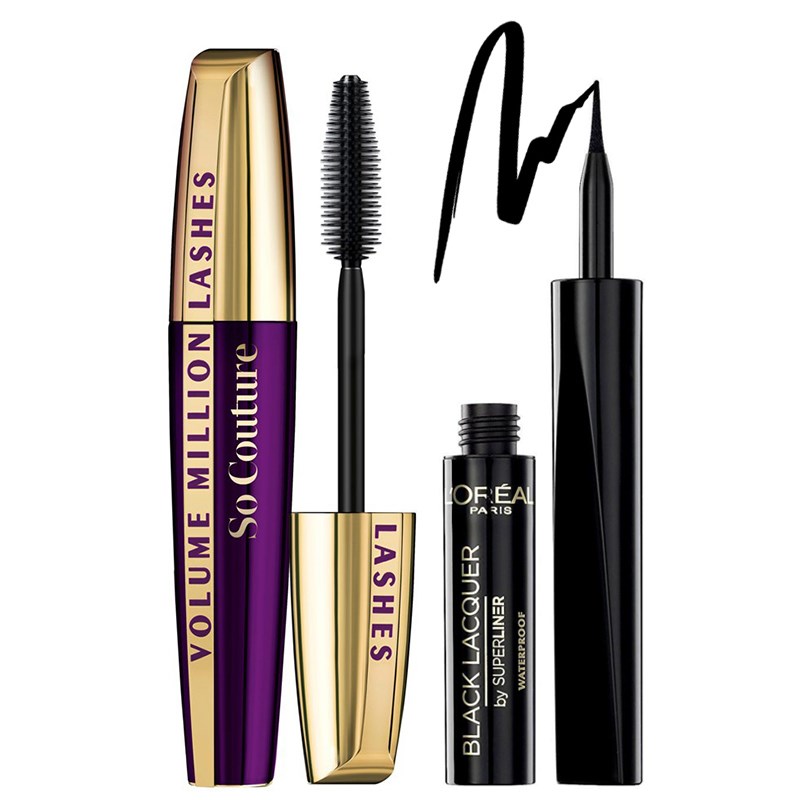 پک ریمل حجم دهنده لورآل مدل Volume Milion Lashes و خط چشم مدل Black Lacouer