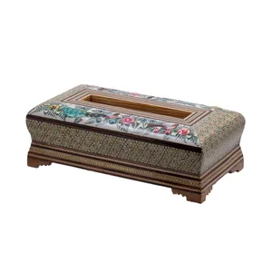 جعبه دستمال کاغذی خاتم کاری  رستا طرح 7-12-101 با نقاشی گل و مرغ