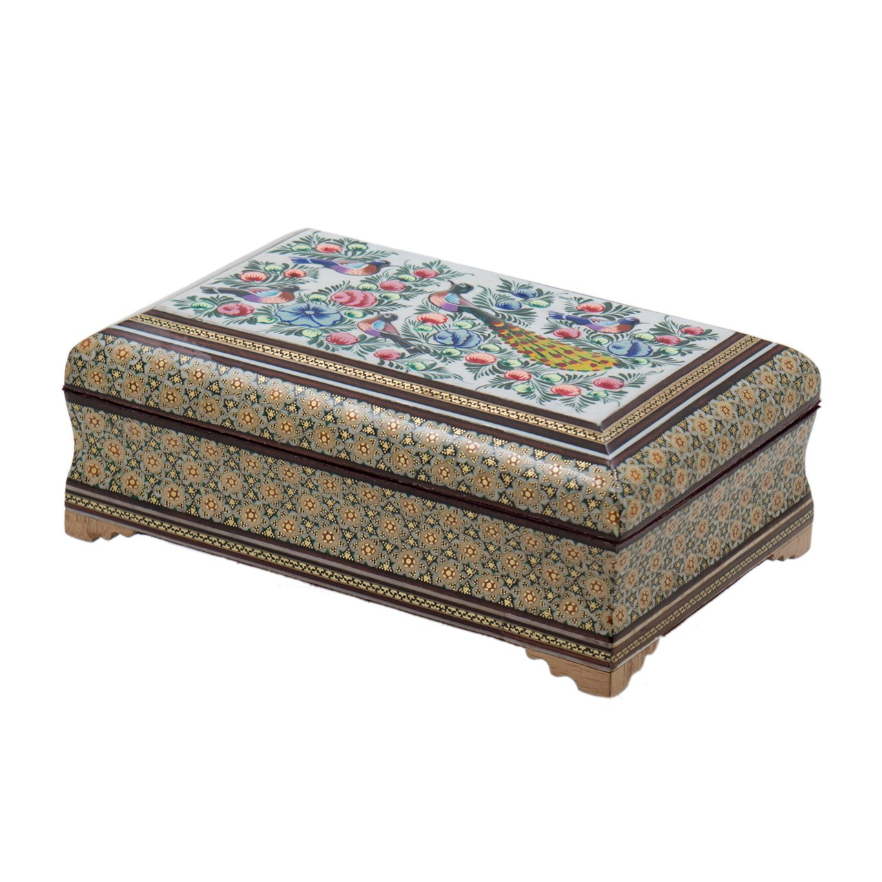 جعبه جواهر خاتم کاری رستا طرح 12-16-101 با نقاشی گل و مرغ