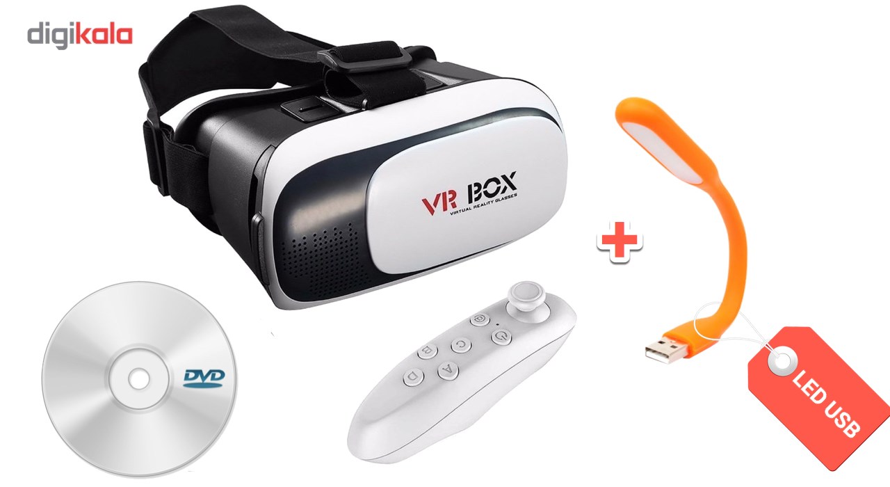 هدست واقعیت مجازی وی آر باکس مدل VR Box 2 به همراه ریموت کنترل بلوتوث و DVD  نرم افزار  و USB LED هدیه