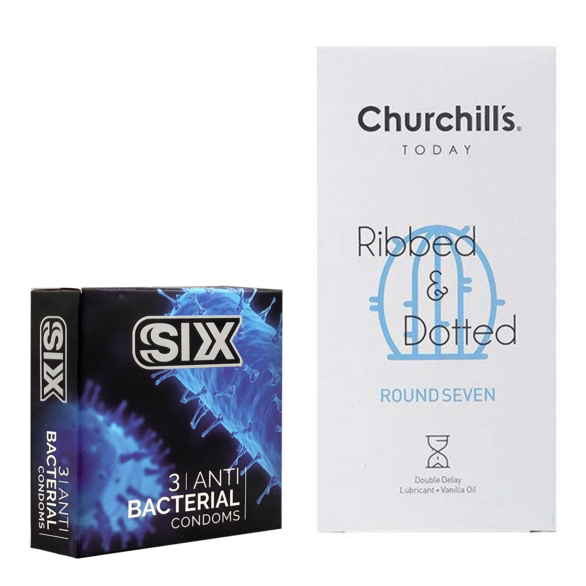 کاندوم چرچیلز مدل Round Seven بسته 12 عددی به همراه کاندوم سیکس مدل آنتی باکتریال بسته 3 عددی 