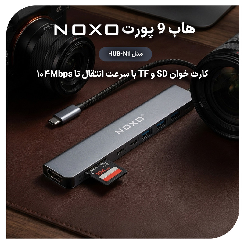 هاب 9 پورت USB-C نوکسو مدل HUB-N1 9in1 با پشتیبانی شارژ PD 100 وات، HDMI 4K، USB 3.0 و کارت‌خوان SD/TF