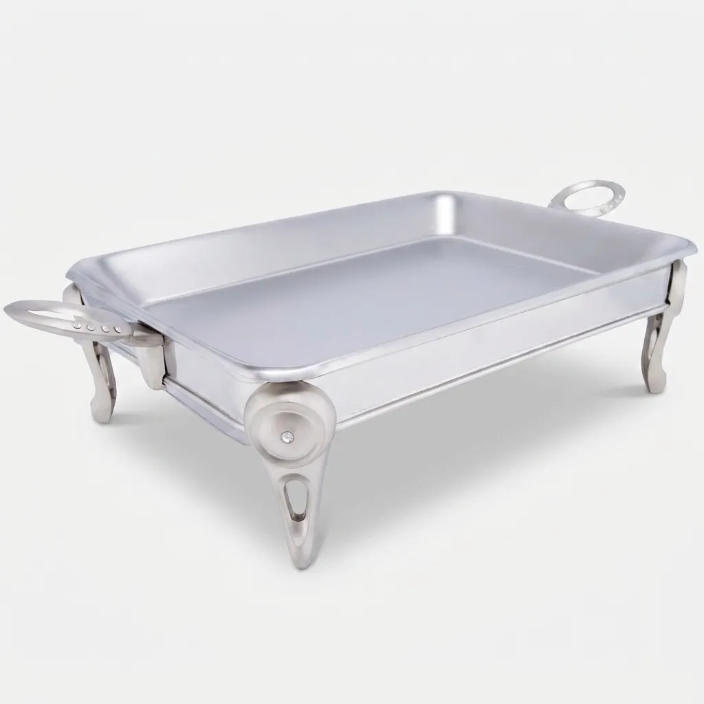 ظرف سوفله برنج‌خوری مدل BK108S گنجایش 8 نفر استیل براق ضدزنگ با سینی استیل جدا شونده و پایه نگهدارنده 2 عدد شمع وارمر مناسب سرو برنج، کباب و ماکارانی قابلیت شستشو در ماشین ظرفشویی