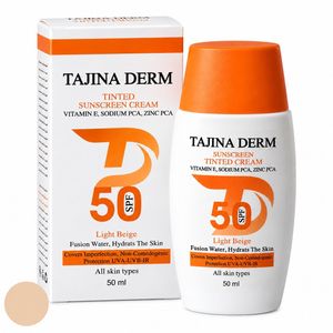 کرم ضد آفتاب رنگی صورت تاجینادرم SPF 50 مدل LIGHT BEIGE محافظ UVA/UVB مناسب برای انواع پوست حجم 50 میلی‌لیتر