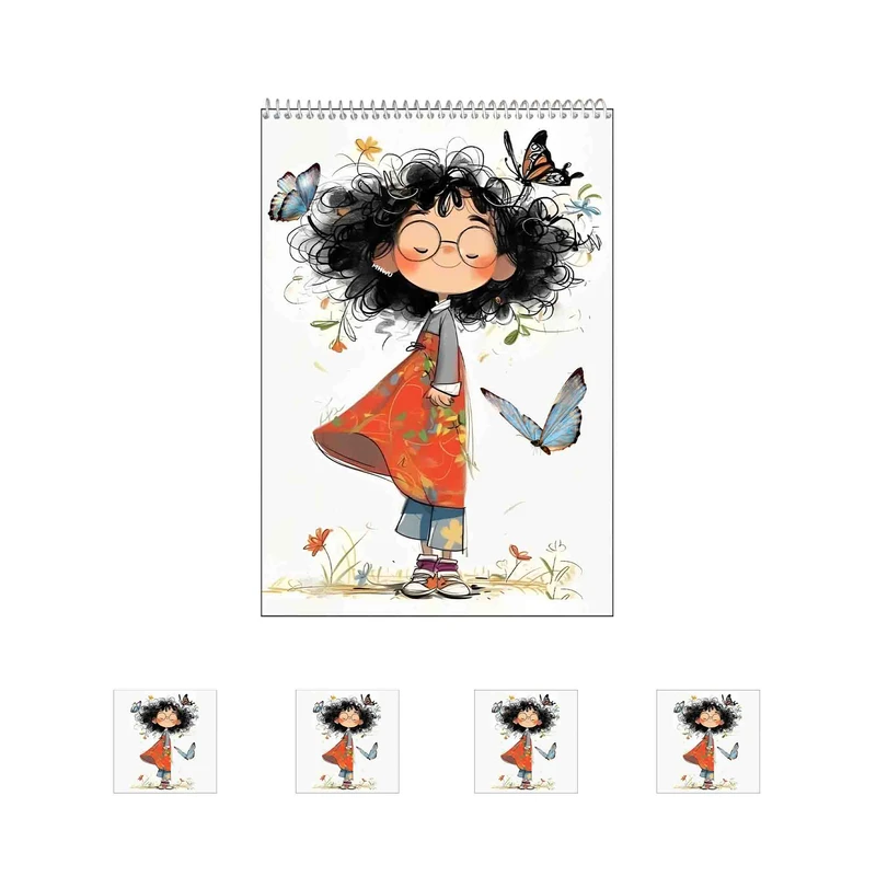 دفتر نقاشی 50 برگ مدل دختر و پروانه فانتزی طرح کیوت کد A1 به همراه برچسب مجموعه 5 عددی