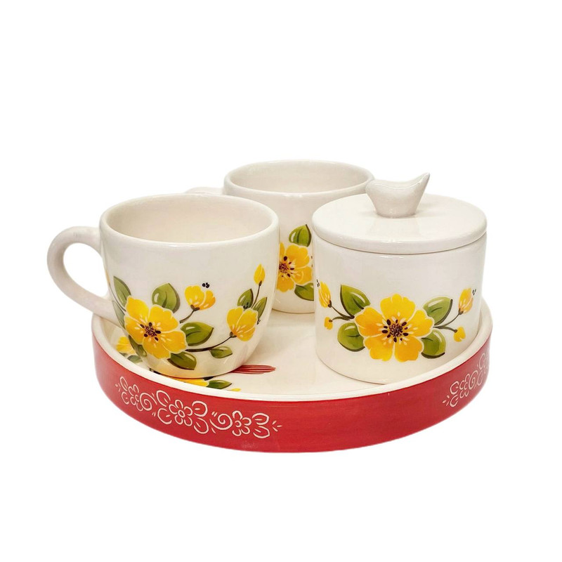 سرویس چای خوری 4 پارچه دو نفره مدل گل و مرغ