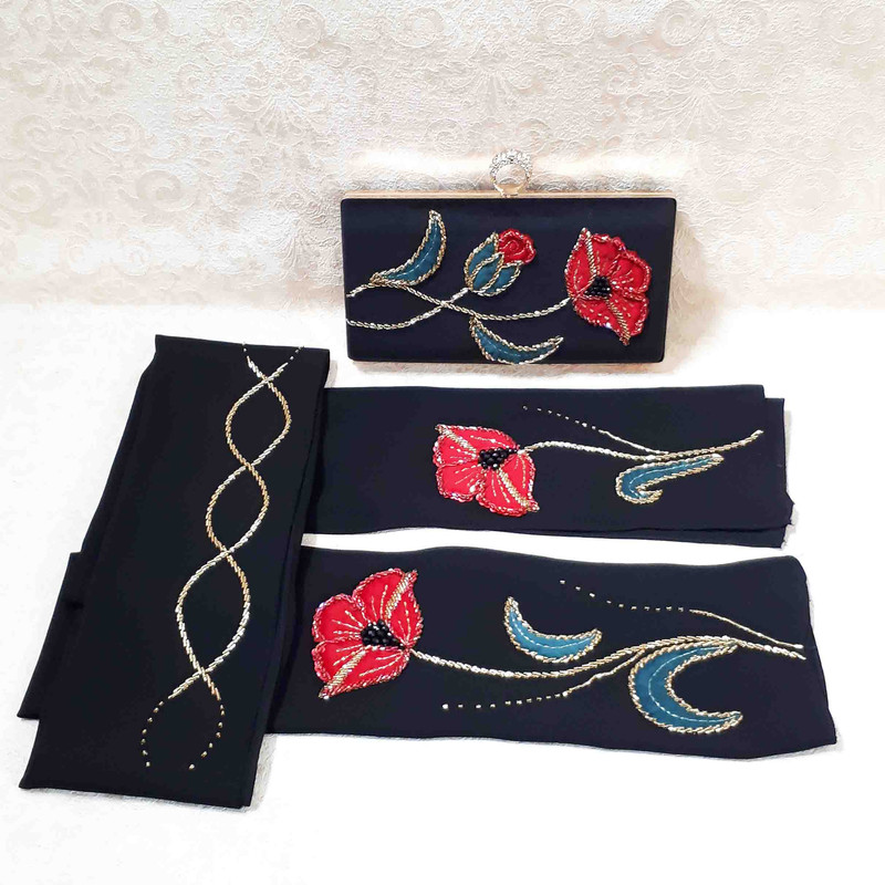 ست کیف و شال زنانه مدل شاخه گل جواهردوزی