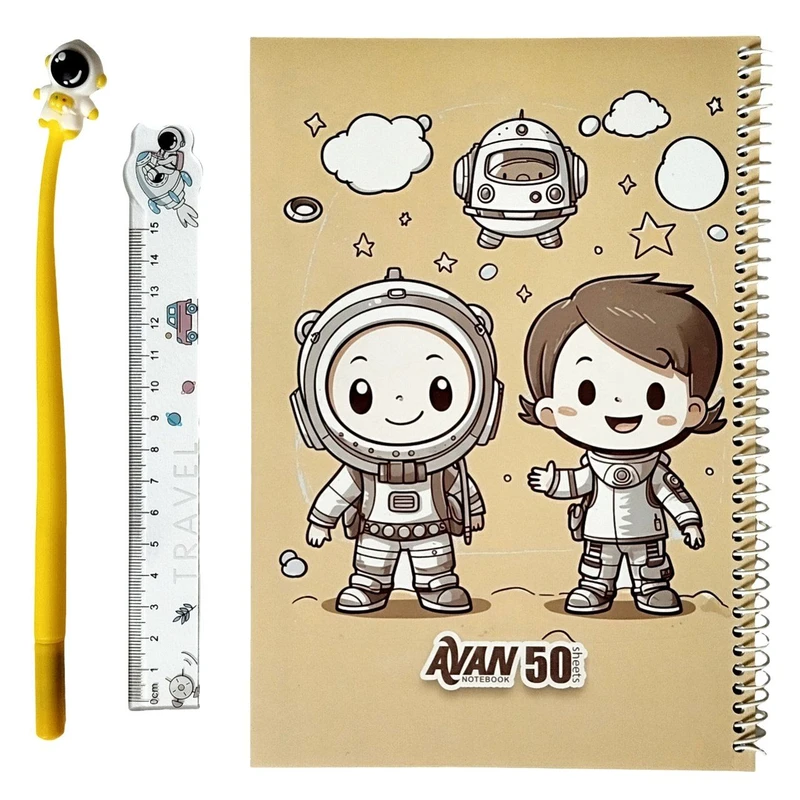 دفتر مشق 50 برگ آوان مدل فضانورد به همراه مداد بینهایت و خط کش مجموعه 3 عددی