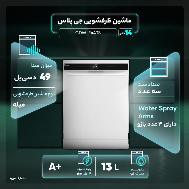 ماشین ظرفشویی 14 نفره جی پلاس مدل GDW-F443S
