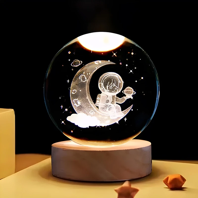 چراغ خواب مدل گوی کریستال چراغدار طرح ماه و فضانورد کد 91071-2D