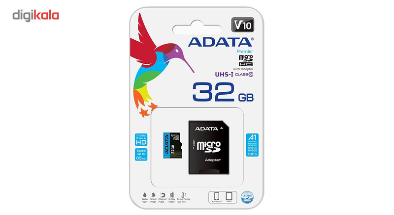 کارت حافظه microSDHC ای دیتا مدل Premier V10 A1 کلاس 10 استاندارد UHS-I سرعت 85MBps همراه با آداپتور SD ظرفیت 32 گیگابایت