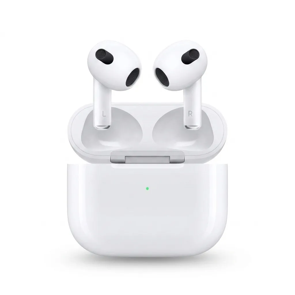 هدفون بلوتوثی اپل مدل AirPods 3 با نویز کنسلینگ میکروفون (ENC)، درگاه شارژ لایتنینگ، دارای سنسور تشخیص پوست و پشتیبانی از فرمان لمسی، مقاوم در برابر رطوبت و عرق