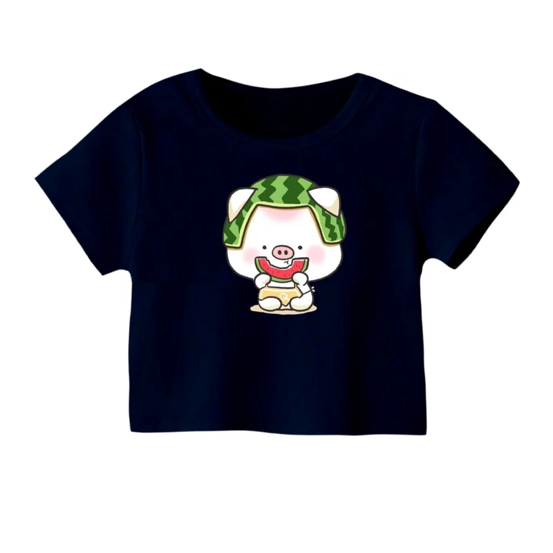 کراپ‌ تی‌شرت آستین کوتاه زنانه مدل خوک و هندوانه یلدایی کد 2