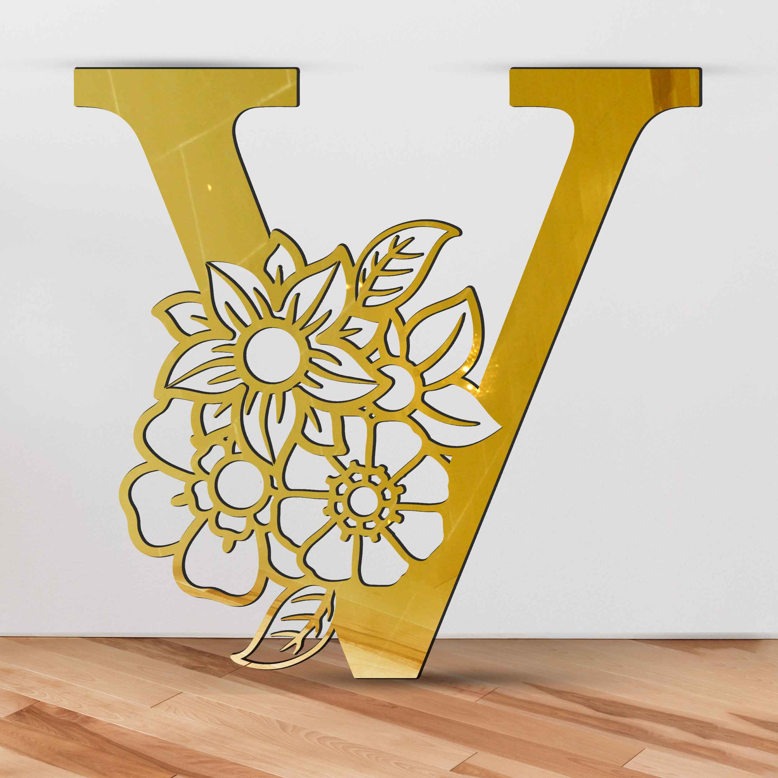 آینه پلکسی گلس آژنگ طرح V مدل حروف انگلیسی گل دار کد H-Ayene-670