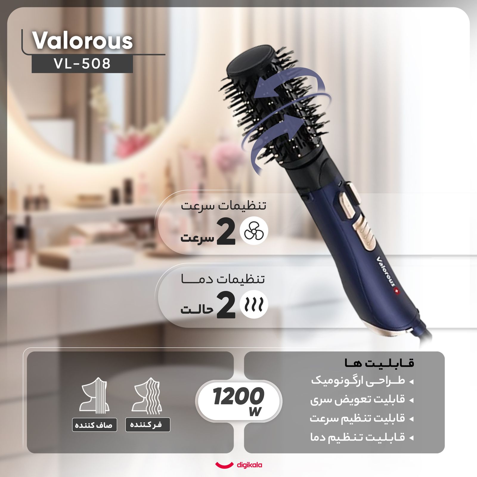 سشوار برس‌دار چرخشی حرفه‌ای والوروس مدل VL-508، موتور AC با توان مصرفی 1200 وات، دارای قابلیت تعویض سری، طراحی ارگونومیک، دارای سیم گردان، با حالت صاف‌کننده و فرکننده، وزن 950 گرم، تنظیم حرارت 2 حالته و کنترل سرعت 2 حالته، به همراه 3 سری برس‌دار -  - 3