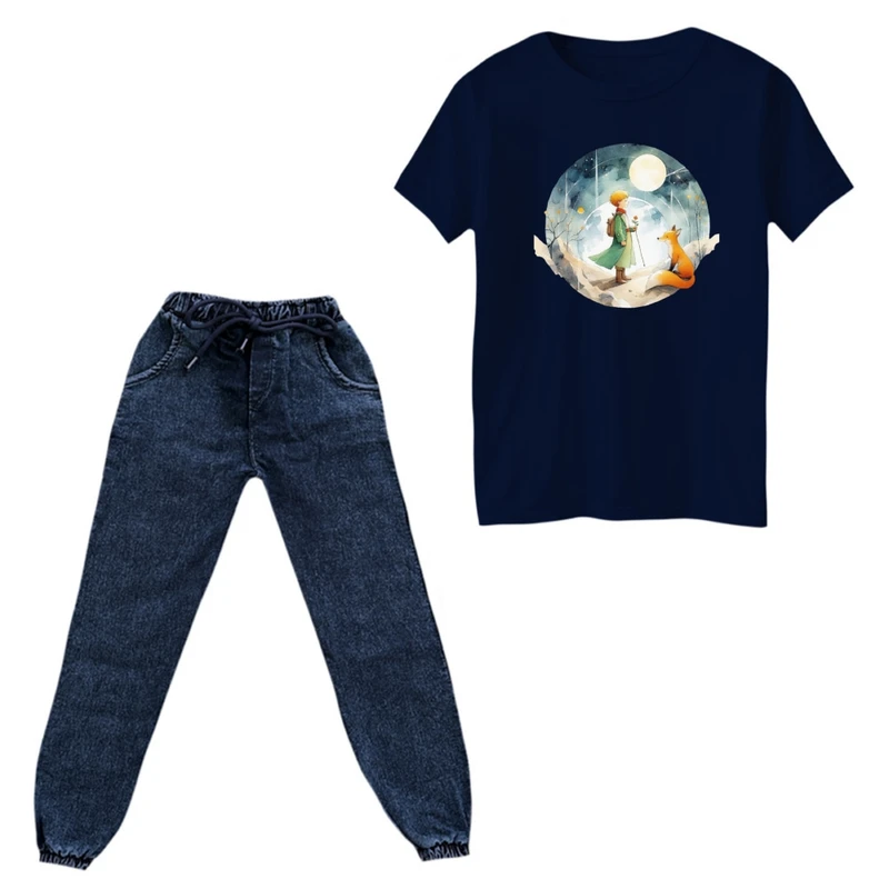 ست تی‌شرت و شلوار پسرانه مدل شازده کوچولو و ماه رنگ سرمه ای