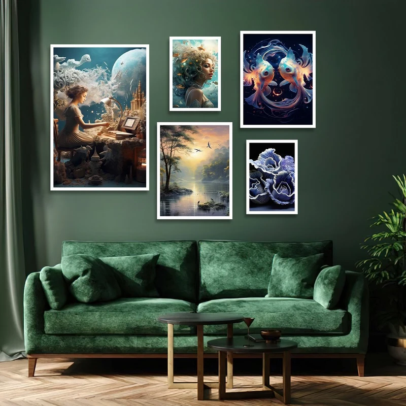 تابلو بکلیت طرح گرافیکی طبیعت و ماهی مدل W-1283 مجموعه 5 عددی