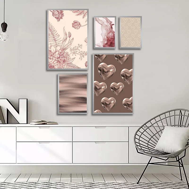 تابلو ساده بکلیت طرح نقاشی گل و قلب مدل شاین اکلیلی SI-2795 فریم نقره ای مجموعه 5 عددی