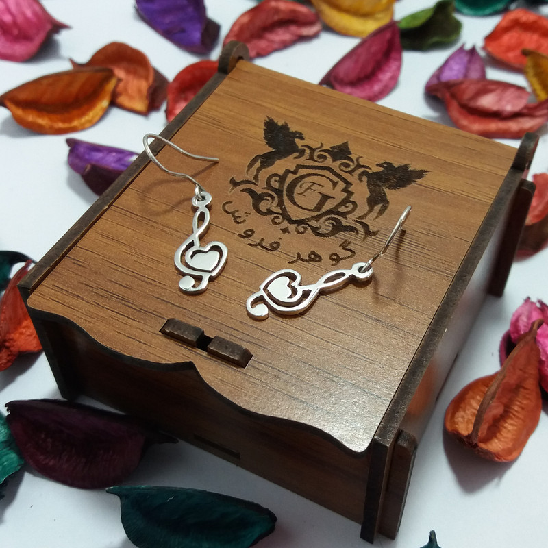 گوشواره نقره آویز زنانه مدل نت موسیقی با قلب