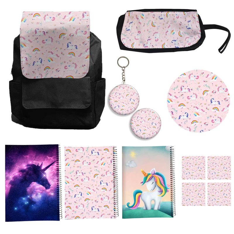 کوله پشتی مدل یونیکورن تک شاخ کد A9 Unicorn به همراه دفتر مشق و جامدادی و زیر لیوانی و جاکلیدی مجموعه 12 عددی