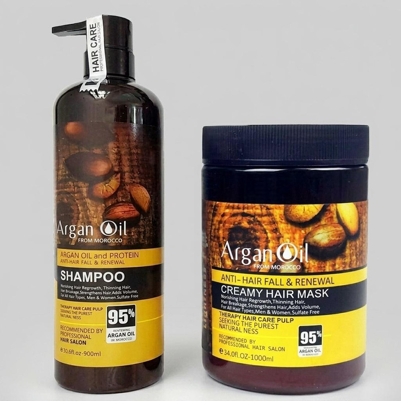 شامپو تقویت‌کننده و ترمیم‌کننده مو لایتنس مدل argan حجم 900 میلی‌لیتر به همراه ماسک مو لایتنس مدل argan oil حجم 1000 میلی‌لیتر، حاوی روغن آرگان طبیعی، فاقد سولفات، مناسب موهای آسیب دیده و رنگ شده