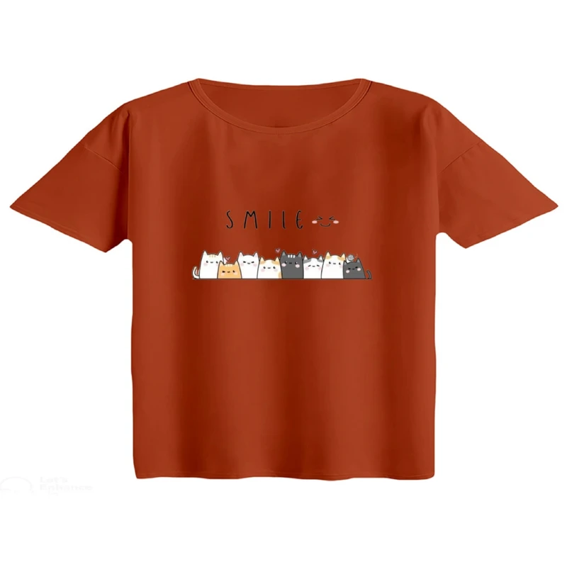کراپ تی‌شرت آستین کوتاه زنانه مدل دوستان گربه ای