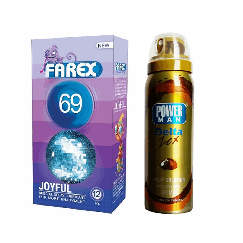 کاندوم فارکس مدل Joyful 69 بسته 12 عددی به همراه اسپری تاخیری دلتازکس پاورمن مدل coconut وزن 60 گرم