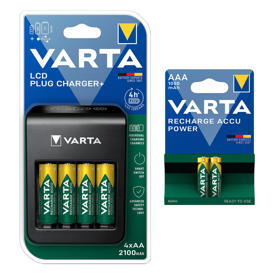 شارژر باتری وارتا مدل LCD PLUG CHARGER به همراه دو عدد باتری نیم قلمی