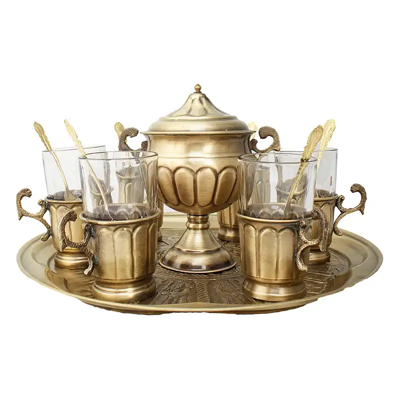 ست  سماور ذغالی 19 پارچه برنجی مدل گل