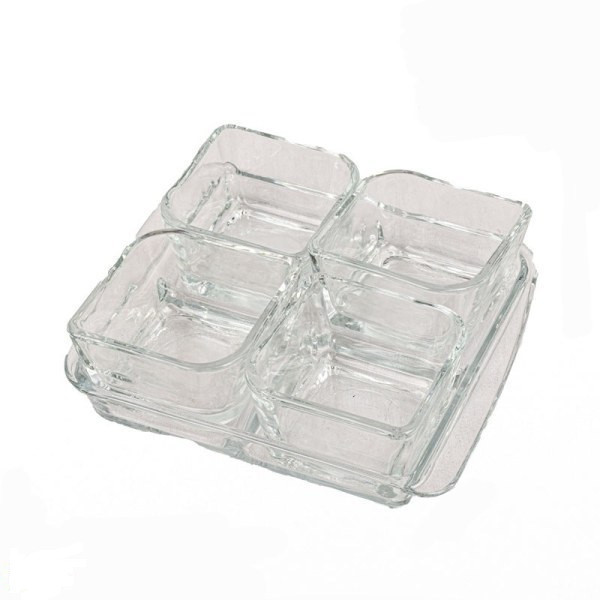 ست اردوخوری بلور کاوه مدل باروک مجموعه 5 عددی کریستال بلور مربع با سینی، ابعاد 14×14×5 سانتی‌متر، مناسب سرو عسل و پنیر و نمک، شستشو با دست