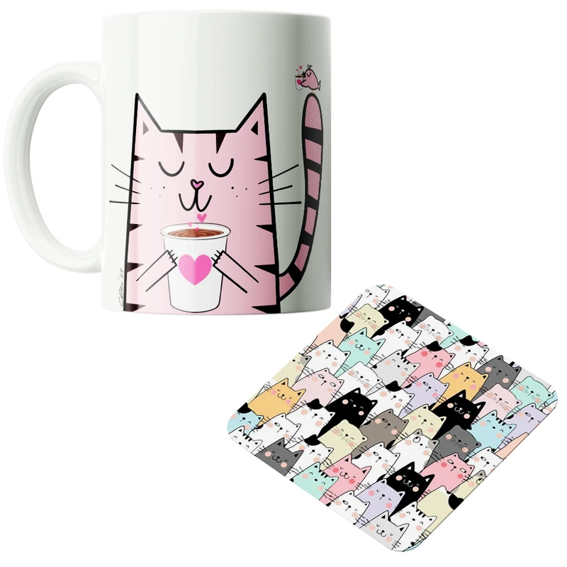 ماگ پاد آفرین مدل گربه کیوت فانتزی بامزه کارتونی کد PZ401 به همراه زیرلیوانی