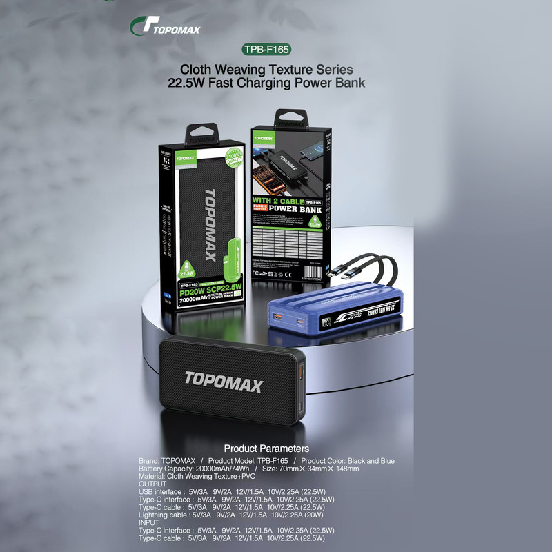 پاوربانک 22.5 وات توپومکس مدل F165 ظرفیت 20000 میلی آمپر ساعت به همراه کابل لایتنینگ و USB-C