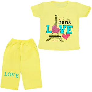 ست تی شرت آستین کوتاه و شلوارک دخترانه مدل Eiffel رنگ زرد