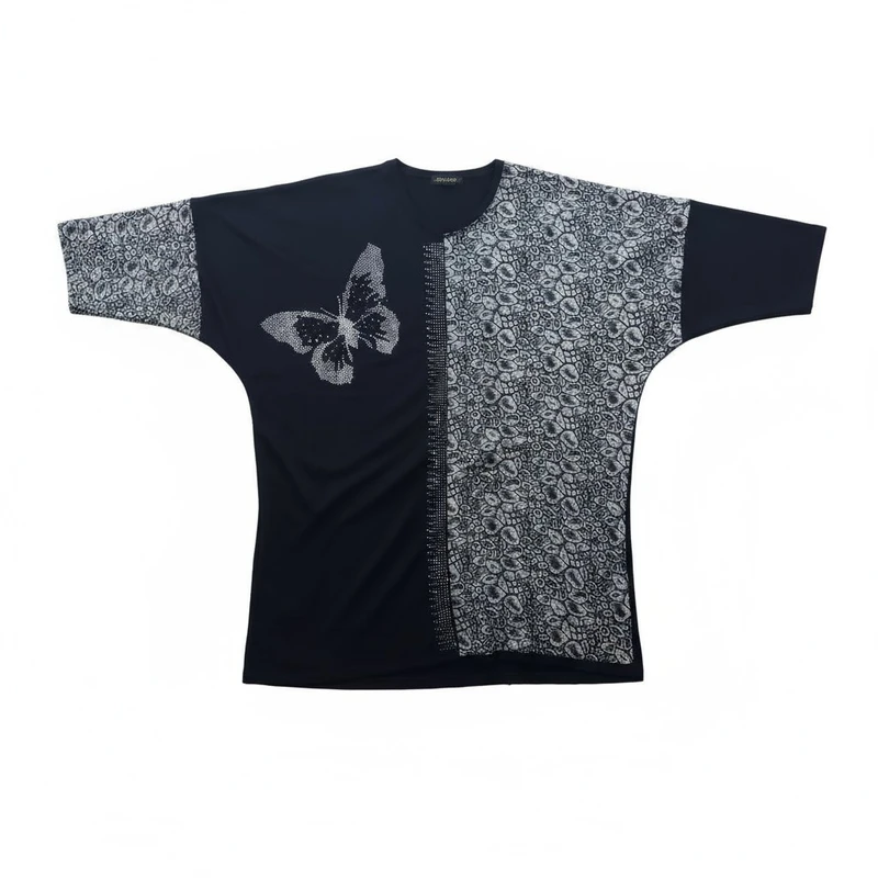 بلوز آستین سه ربع یقه گرد زنانه مدل پلنگی و پروانه نگین کد 0033