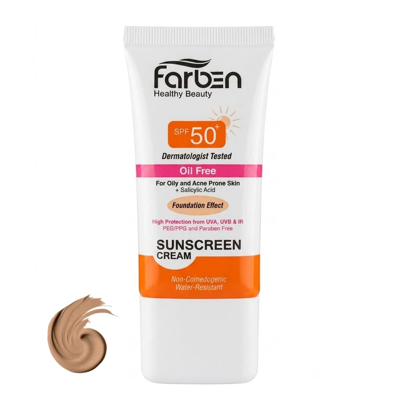 کرم ضد آفتاب رنگی SPF50 فاربن مدل protection OF_NB محافظ UVA ،UVB مناسب پوست چرب و آکنه دار حجم 50 میلی‌لیتر