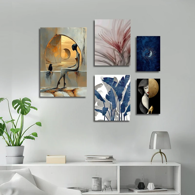 تابلو شاسی بکلیت طرح طبیعت و نقاشی مینیمال مدل SH-3103 مجموعه 5 عددی