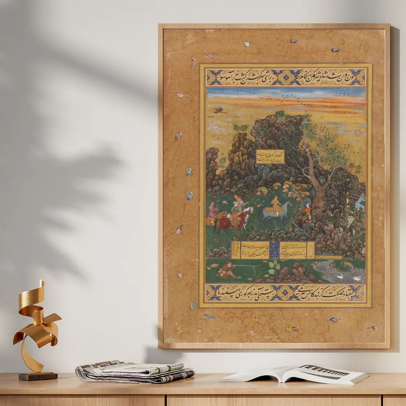 تابلو طرح نگارگری جنگلی مدل G00477 فریم کرم روشن